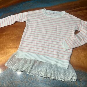 Delia’s Striped Sweater Lace Hem detail white pink XS